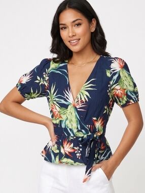 One Clothing White Floral Wrap Blouse with Puff Sleeves